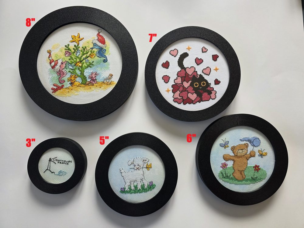 Round cross-stitch display frames from three to eight inches