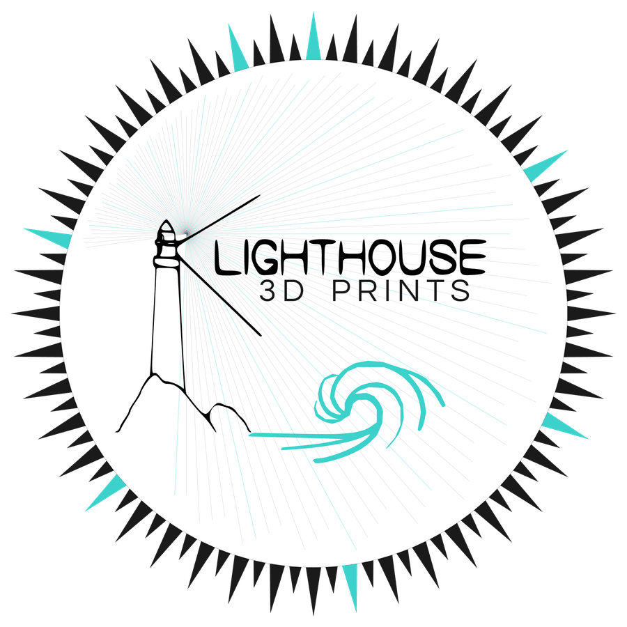 Lighthouse 3D Prints logo — lighthouse with beacon rays over a teal wave